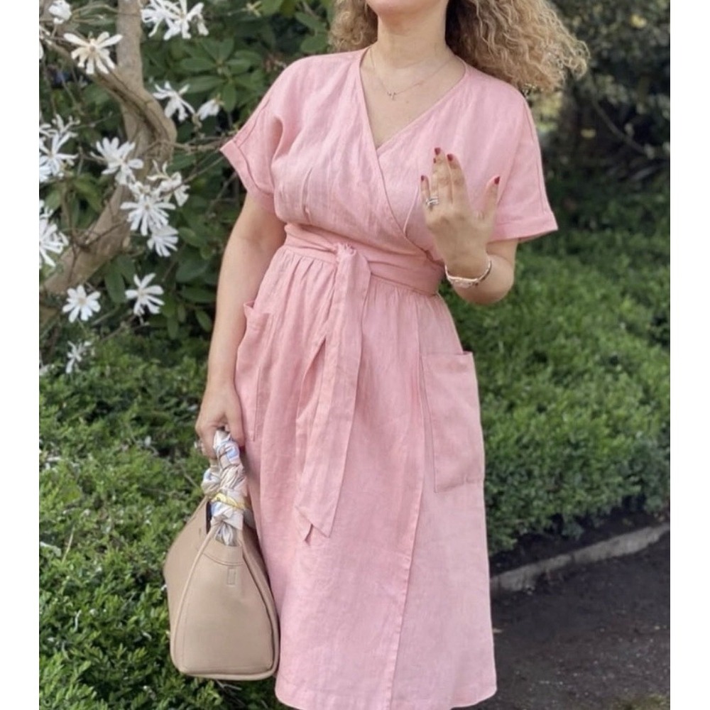 Lintico 100% Linen Pink Wrap Midi Dress Kimono Sleeve Tie Waist Pockets Sz M